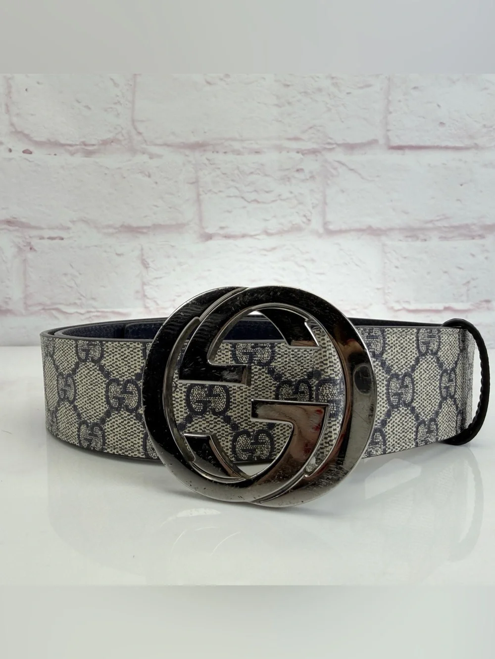 Gucci Supreme GG Monogram Canvas Belt  Silver-Tone Double G Buckle 110/44 114984